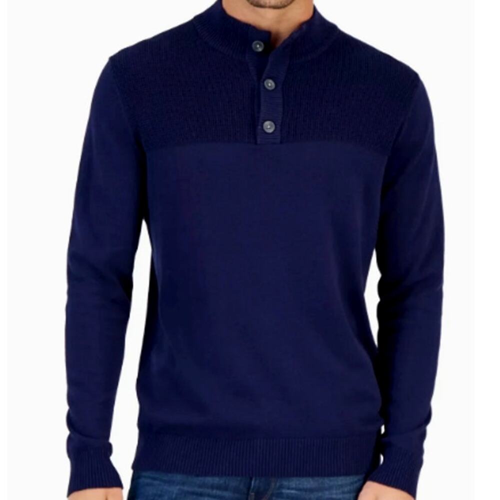 Club Room Men's Ribbed Four-Button Mock Neck Sweater Navy Size Small - $60